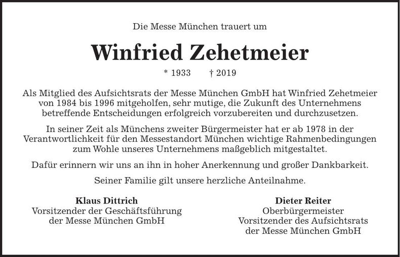 Traueranzeige Winfried Zehetmeier