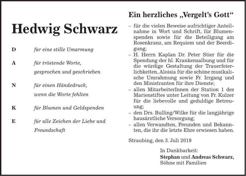 Traueranzeige Hedwig Schwarz