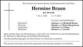 Traueranzeige Hermine Braun