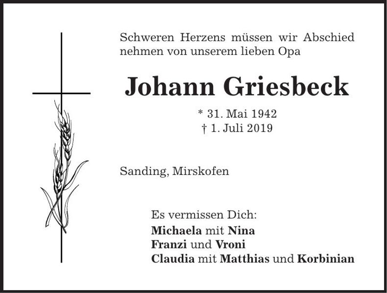 Traueranzeige Johann Griesbeck