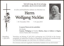 Traueranzeige Wolfgang Nicklas
