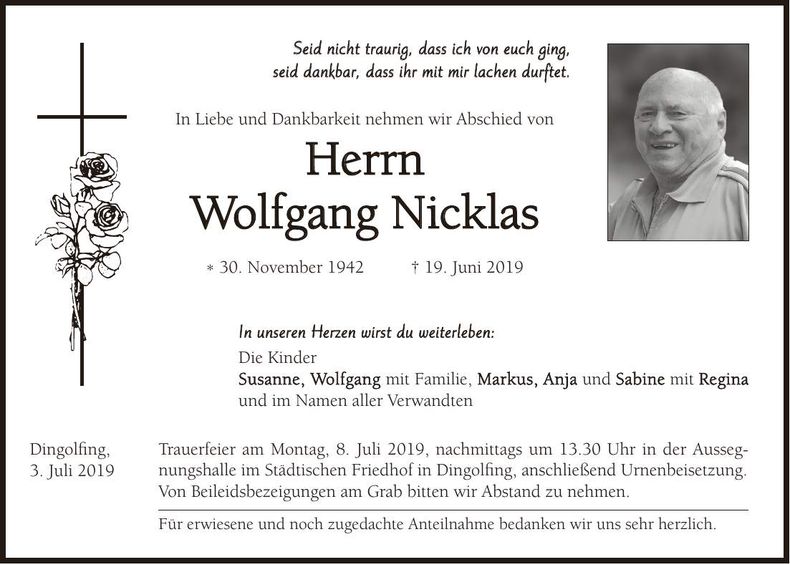 Traueranzeige Wolfgang Nicklas