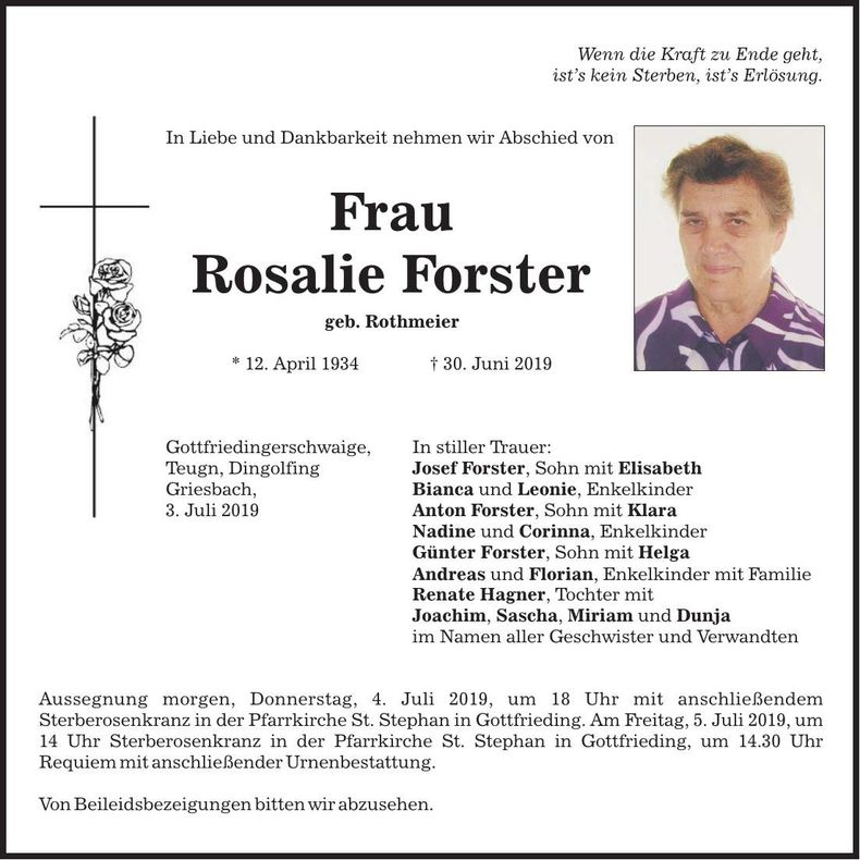 Traueranzeige Rosalie Forster