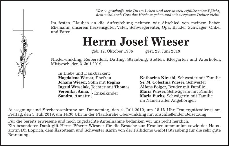 Traueranzeige Josef Wieser