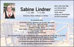 Traueranzeige Sabine Lindner