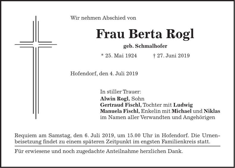 Traueranzeige Berta Rogl