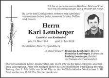 Traueranzeige Karl Lemberger