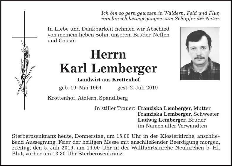 Traueranzeige Karl Lemberger