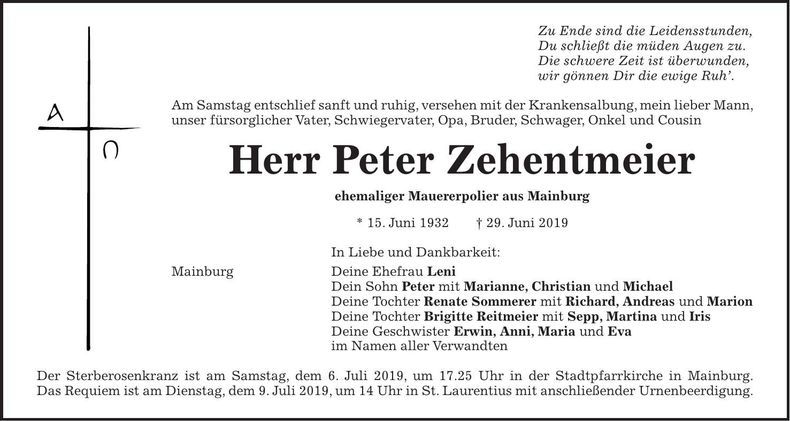 Traueranzeige Peter Zehentmier