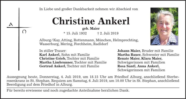 Traueranzeige Christine Ankerl