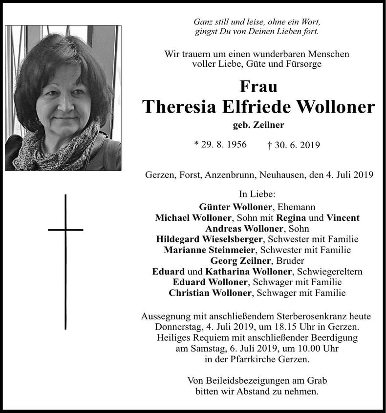 Traueranzeige Theresia Elfriede Wolloner