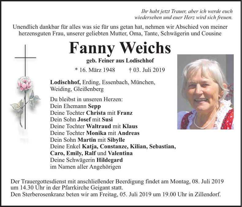 Traueranzeige Fanny Weichs