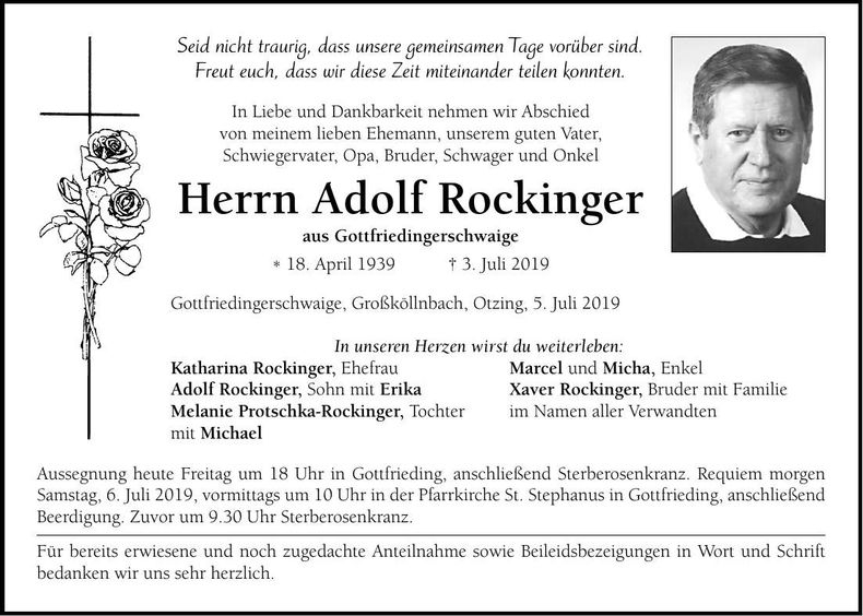 Traueranzeige Adolf Rockinger