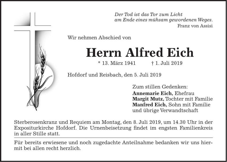 Traueranzeige Alfred Eich