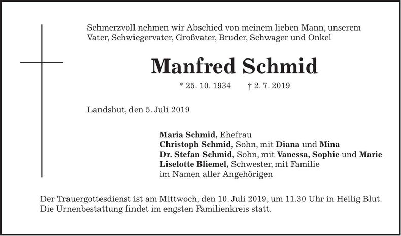 Traueranzeige Manfred Schmid