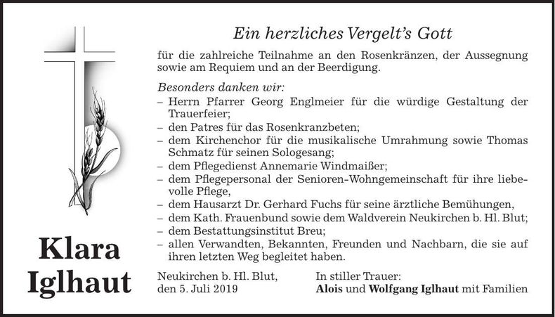 Traueranzeige Klara Iglhaut