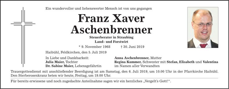 Traueranzeige Franz Xaver Aschenbrenner