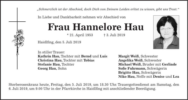 Traueranzeige Hannelore Hau
