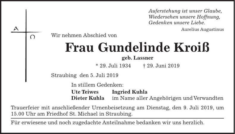 Traueranzeige Gundelinde Kroiß