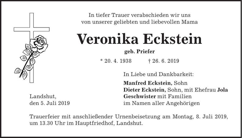 Traueranzeige Veronika Eckstein