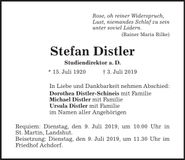 Traueranzeige Stefan Distler