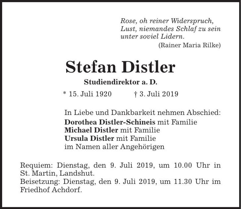 Traueranzeige Stefan Distler