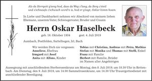 Traueranzeige Oskar Haselbeck