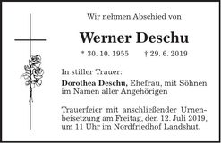 Traueranzeige Werner Deschu