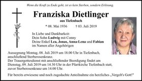 Traueranzeige Franziska Dietlinger