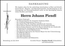 Traueranzeige Johann Piendl