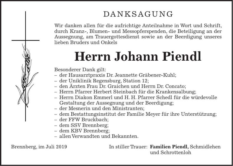 Traueranzeige Johann Piendl