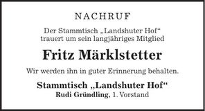 Traueranzeige Fritz Märklstetter