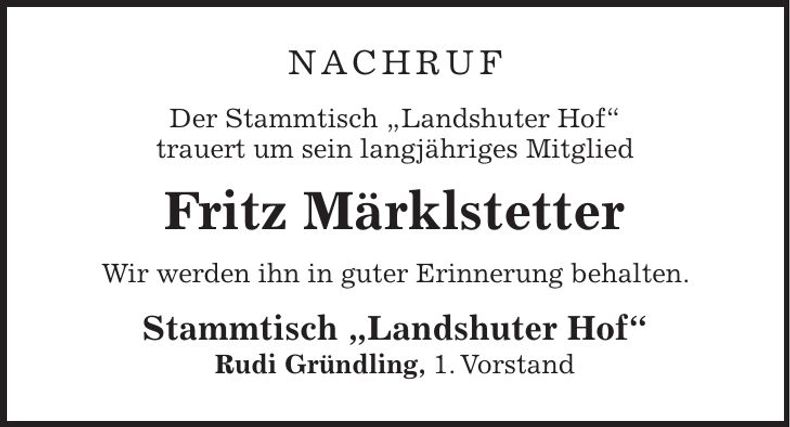 Traueranzeige Fritz Märklstetter