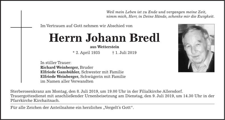 Traueranzeige Johann Bredl