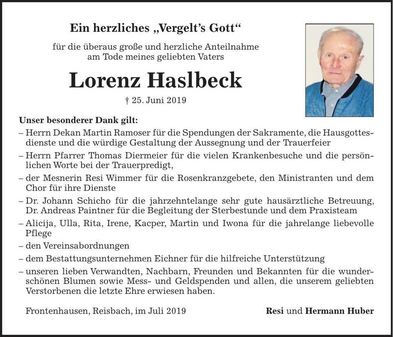Traueranzeige Lorenz Haslbeck