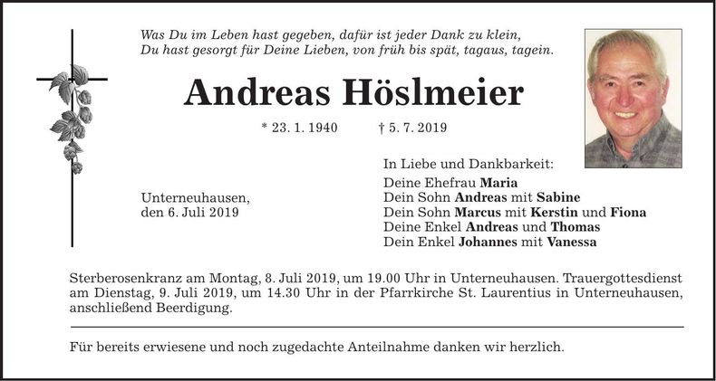 Traueranzeige Andreas Höslmeier