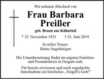 Traueranzeige Barbara Preißer