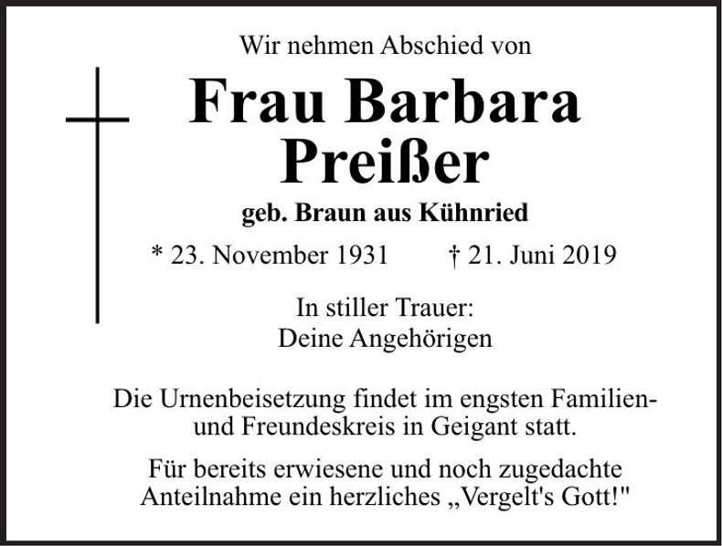 Traueranzeige Barbara Preißer
