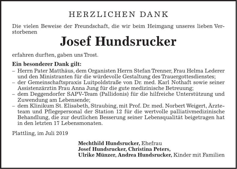 Traueranzeige Josef Hundsrucker