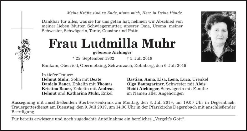 Traueranzeige Ludmilla Muhr