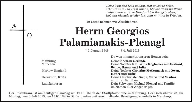 Traueranzeige Georgios Palamianakes-Plenagl