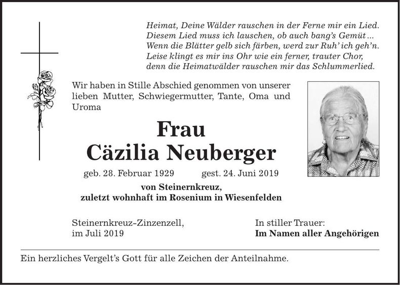 Traueranzeige Cäzilia Neuberger