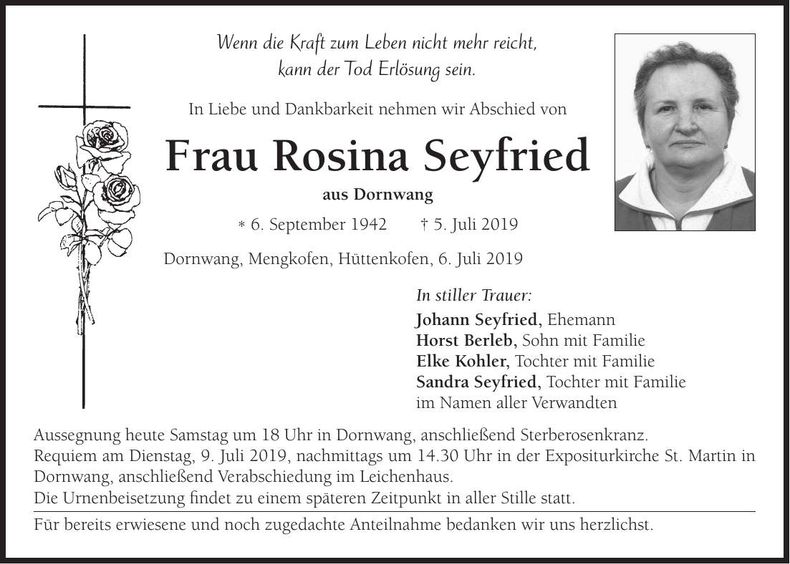 Traueranzeige Rosina Seyfried