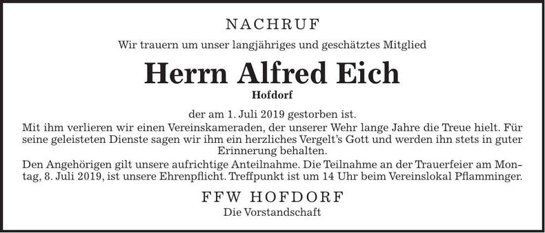 Traueranzeige Alfred Eich