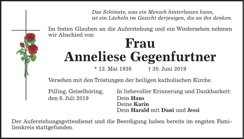 Traueranzeige Anneliese Gegenfurtner