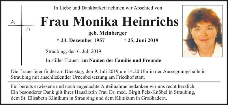 Traueranzeige Monika Heinrichs