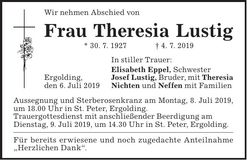 Traueranzeige Theresia Lustig