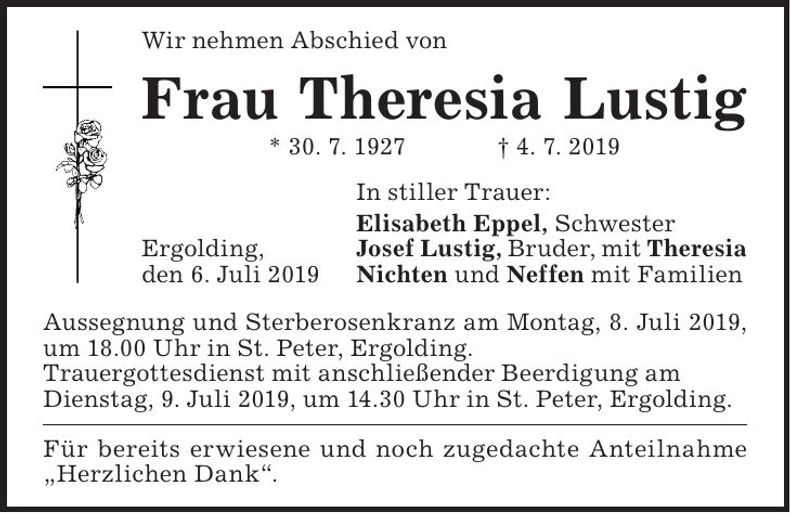 Traueranzeige Theresia Lustig