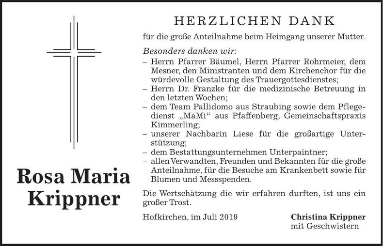 Traueranzeige Rosa Maria Krippner