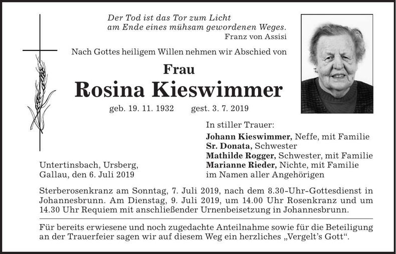Traueranzeige Rosina Kieswimmer